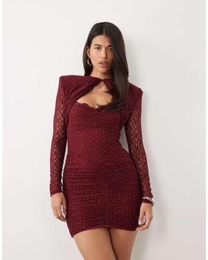 Ruched & Ready Lace Hotfix Shoulder Pad Cut Out Detail Ruched Front Mini Dress - Red