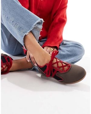 SEQWL Zapatillas De Deporte Marrón Chocolate Estilo Bailarinas Con Detalle De Cordones De - Rojo