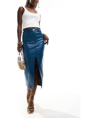 Style Cheat Leather Look Midi Skirt With Split Front - Blue