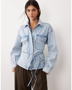Gina Tricot Cinched Waist Tie Front Denim Shirt - Blue