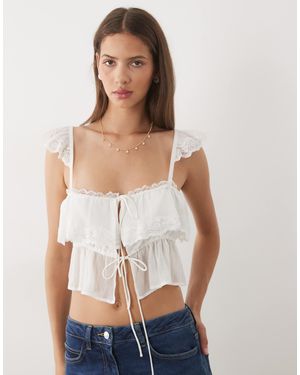 Miss Selfridge Chiffon Lace Trim Tie Front Cami - White