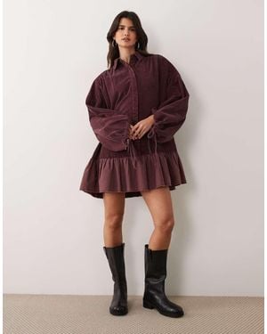 ASOS Vestido Mini Híbrido De Pana Con Manga Abullonada Y Bajo De Voile En Burdeos Lavado-Rojo