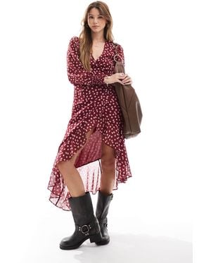 Wednesday's Girl Boho Floral Wrap Midi Dress - Red