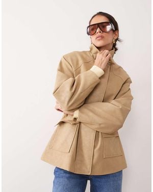 4th & Reckless Faux Suede Funnel Neck Pocket Front Cinch Waist Jacket - Natural