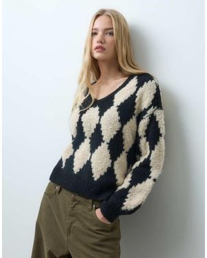 Vero Moda Maglione Oversize Testurizzato Con Scollo A V A Quadri E Bianco - Multicolore