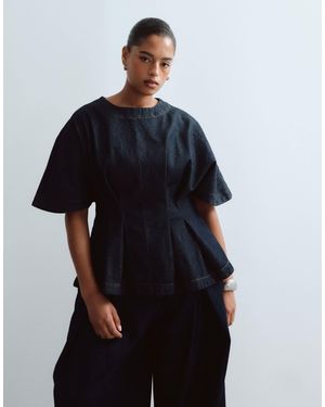ARRANGE Curve Denim Cinched Waist Pleated Top - Blue