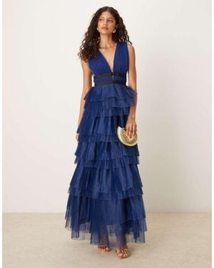 True Decadence Pleated Ruffles Sleeveless Maxi Dress - Blue