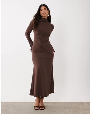 DASKA Sculpted High Neck Asymmetric Seam Detail Maxi Dress - Brown