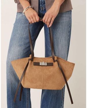 Gina Tricot Faux Suede Small Tote Bag With Strap And Clutch Detail - Blue