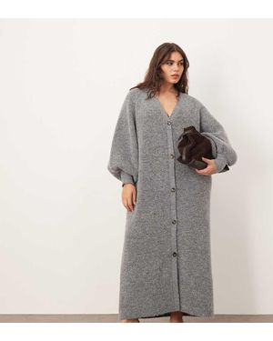 ARRANGE Curve Knit Balloon Sleeve Button Through Midi Dress - Grey