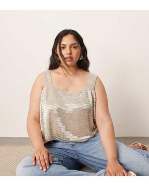 ARRANGE Curve Embellished Beaded Square Neck Boxy Crop Top - Blue