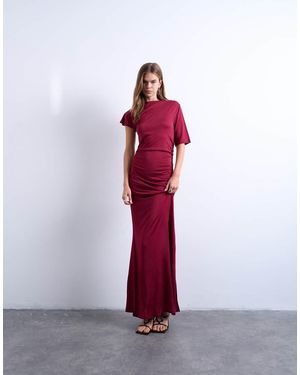 TOPSHOP Short Sleeve Asymmetric Slinky Maxi Dress - Red