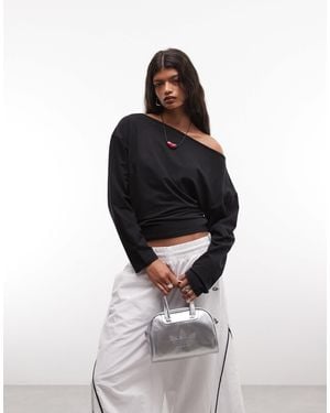 Collusion Long Sleeve Drapey Off-the-shoulder Top - White