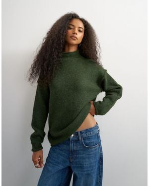 TOPSHOP Knit Roll Edge Longline Chunky Sweater With Wool - Green