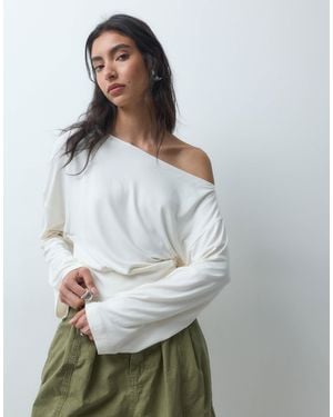 ASOS Slouchy Off Shoulder Long Sleeve Cinch Waist Top - Gray