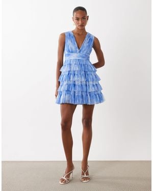 LACE & BEADS Sleeveless Plunge Neck Ruffle Tiered Mini Dress - Blue
