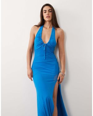 ASOS Mesh Maxi Halter Dress With Ruched Detail - Blue