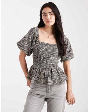 New Look Top Milkmaid Arricciato A Quadri - Grigio