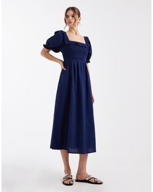 New Look Shirred Frill Trim Midi Dress - Blue