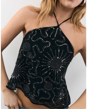 Stradivarius Embroidered Halter Top - Black