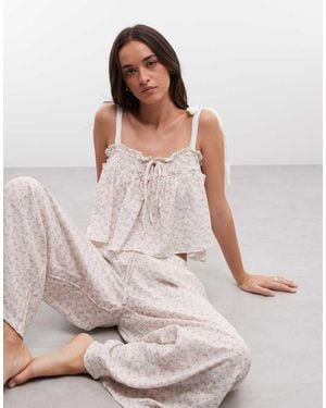 Daisy Street Tie Detail Floaty Pyjama Set - Blue