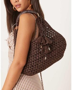 Mango Crochet Hand Bag With Flower Charm Detail - Brown