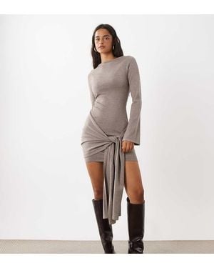 Kaiia Exclusive Knitted Cowl Back Knot Drape Waist Detail Mini Dress - Natural