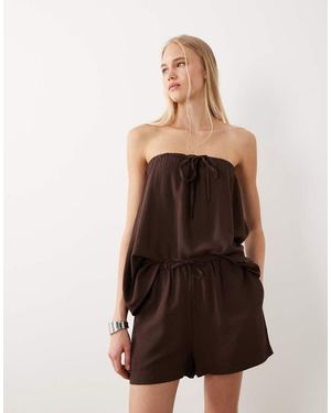 ASOS Short Met Linnenlook, Elastische Taille En Diepe Omslag - Bruin