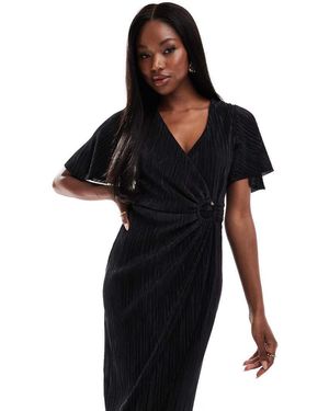 AX Paris Vestito Midi Avvolgente A Maniche Corte Plissé Con Dettaglio Ad Anello - Nero