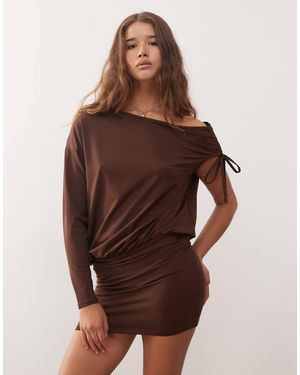 Collusion Ruched Asymmetric Mini Dress - Brown