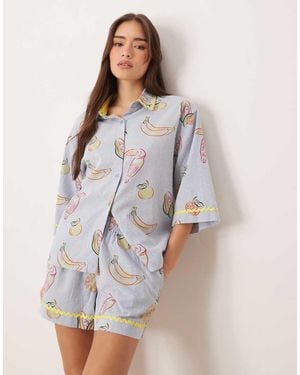 Chelsea Peers Tropical Line Drawing Striped Print Short Sleeve Sleepwear Set - Grey