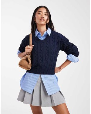 Cotton On V Neck Cotton Cropped Cable Knit Pullover Jumper - Blue