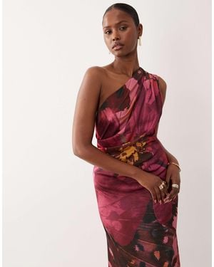 ASOS One Shoulder Satin Maxi Dress With Pleat Detail - Red