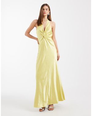 Six Stories Bridesmaid Satin Halter Neck Plunge Twist Detail Maxi Dress - Yellow