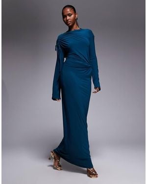 ASOS Draped High Neck Twist Waist Maxi Dress With Long Sleeve - Blue