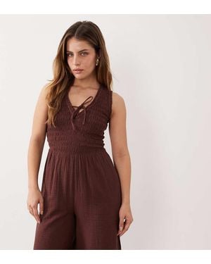 Nobody's Child Petite Jayda Cotton Rich Shirred Bodice V-neck Sleeveless Jumpsuit - Purple