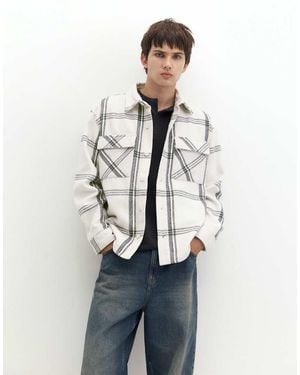 Pull&Bear Overshirt A Maniche Lunghe A Quadri Sporco - Bianco