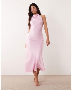 Kaiia Exclusive Satin High Cowl Neck Lace Back Detail Maxi Dress - Pink
