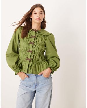 Glamorous Olive Shirred Blouse With Brown Bows - Green