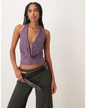 Motel Yukari Jacquard Floral Plunge Halter Top - Purple