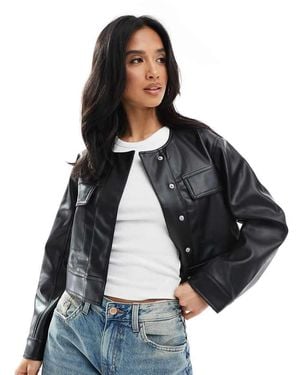 ASOS Asos Design Petite Cropped Collarless Leather Look Jacket - Black