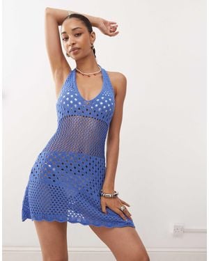 Collusion Crotchet Knitted Halter Dress - Blue