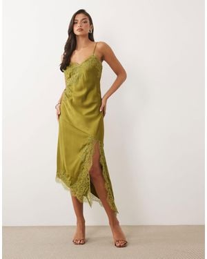 Nobody's Child Zaria Satin Lace Trim Split Front Cami Midaxi Dress - Green
