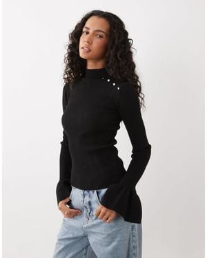 The Frolic Exclusive Ribbed Knit Pearl Detail Flare Sleeve Jumper - Black