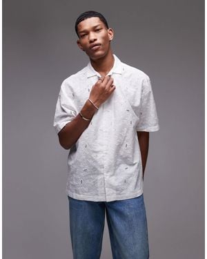 TOPMAN Short Sleeve Relaxed Revere Embroidered Shirt - Gray