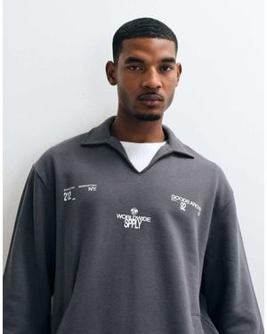 ASOS Sudadera Polo Holgada Con Cuello Con Abertura, Bajo Ajustable Y Estampado En Gris - Azul