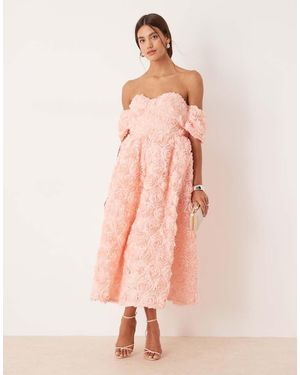 True Decadence Bardot Midi Dress With Gathered Sleeves - Pink