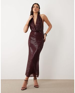 Bardot Nola Low Plunge Cowl Neck Open Back Sequined Midaxi Dress - Red