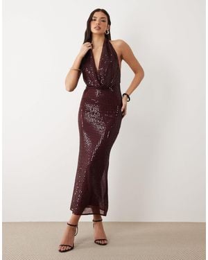 Bardot Nola Sequin Plunge Cowl Neck Midi Dress - Red
