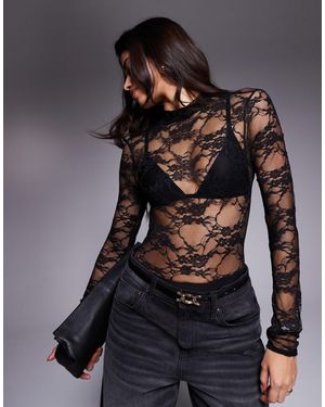 Kaiia Exclusive High Neck Scalloped Lace Open Back Bodysuit - Black